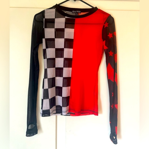 Current Mood Tops - Current Mood Mesh Long Sleeve Top Red Black & White Size Small